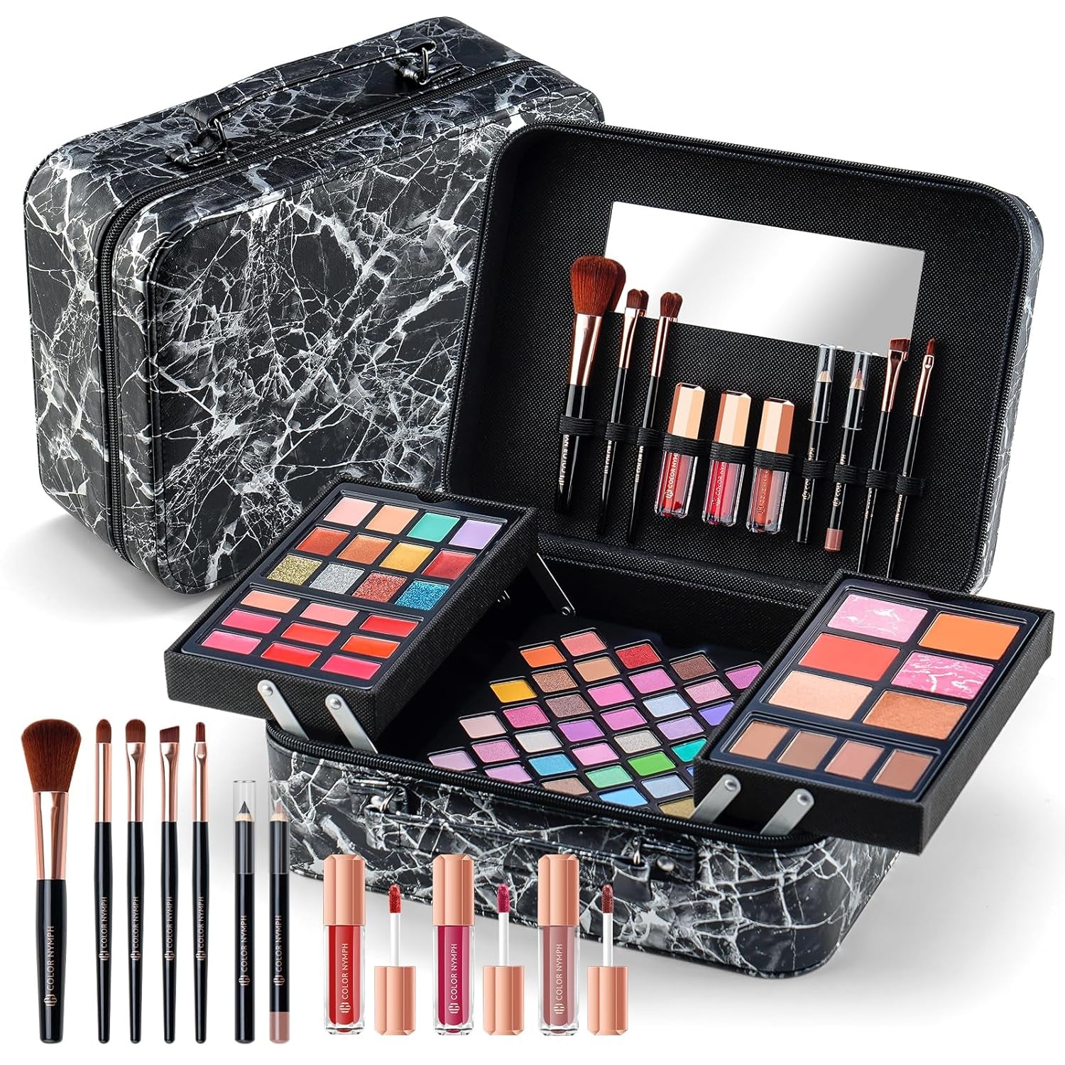 Makeup Kit for Women,All in One Makeup Gift Set for Girls in Cosmetic Train Case (Black) with Mirror,Full Cosmetic Kit Includes Eyeshadow Palette,Lipgloss,Blushes,Pencil,Brush Applicators