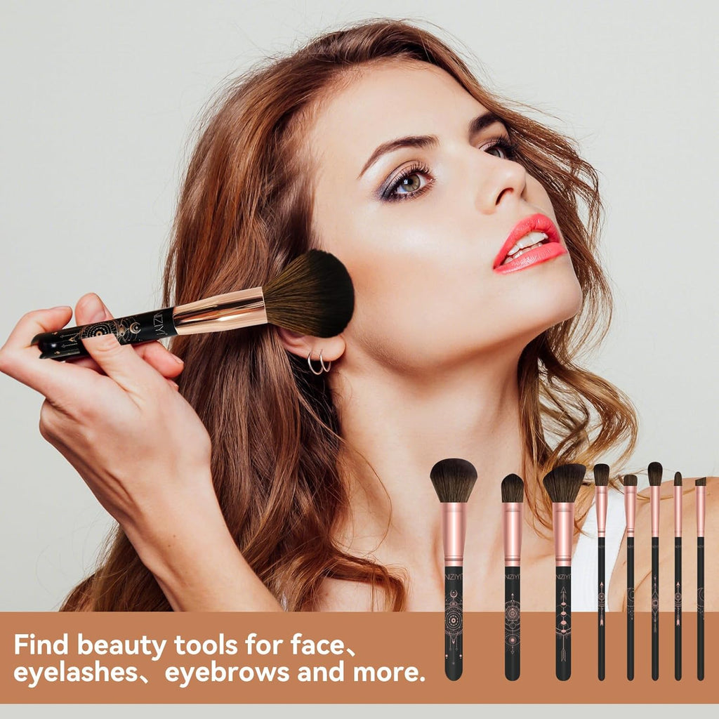 Makeup Brush Set 11Pcs with Eyelash Curler & Eyebrow Tweezers, Makeup Brushes with Eyeshadow, Foundation,Powder Puff, Highlighter, Concealer, Blusher, Powder Brush, Make up Kits for Adults