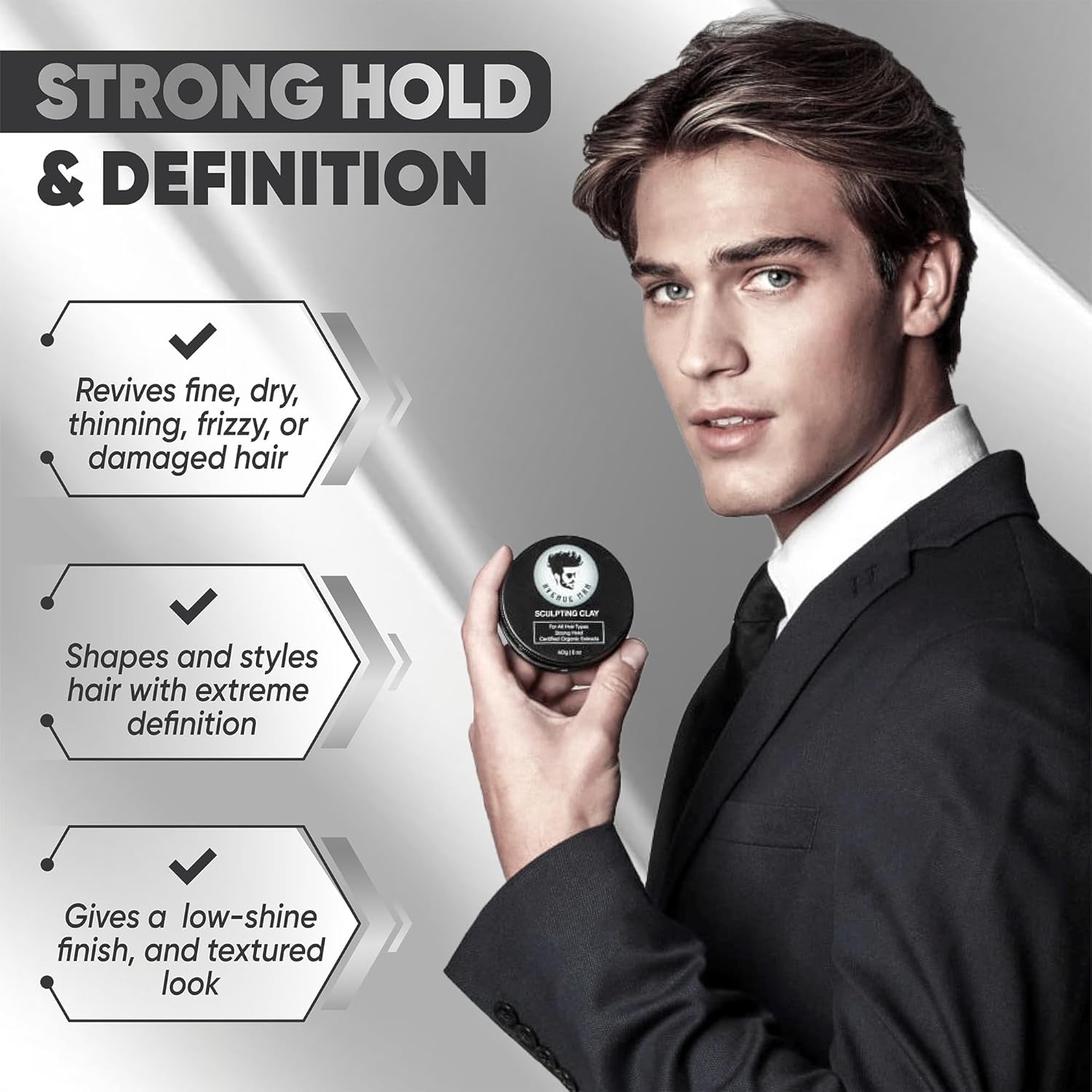 Hair Clay for Men - Matte Finish Sculpting Wax - Strong Hold, Maximum Definition and Textured Control - for All Hair Types - Infused with Beeswax, Kaolin Clay and Argan Oil - 3.0Oz/90G