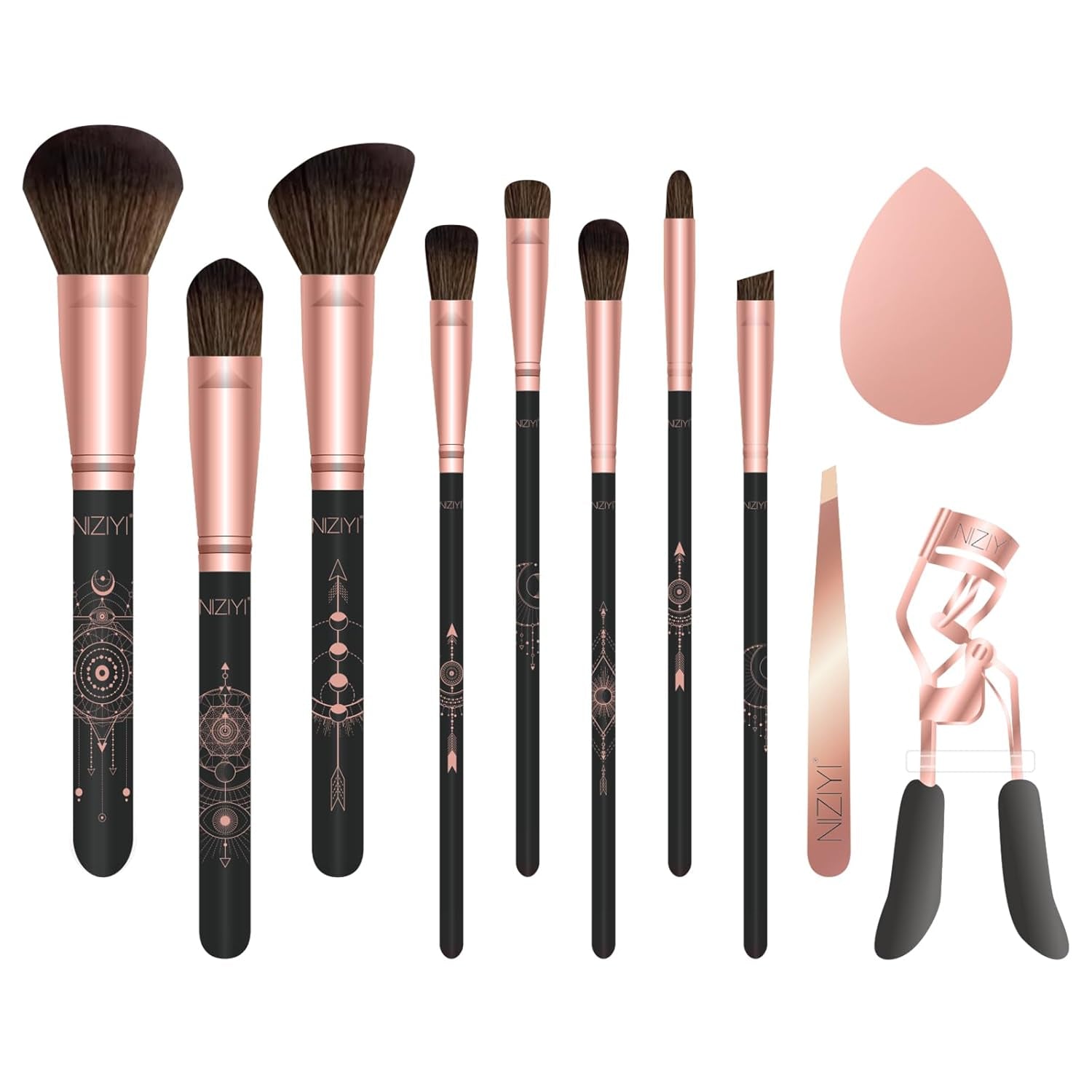 Makeup Brush Set 11Pcs with Eyelash Curler & Eyebrow Tweezers, Makeup Brushes with Eyeshadow, Foundation,Powder Puff, Highlighter, Concealer, Blusher, Powder Brush, Make up Kits for Adults
