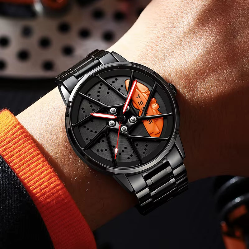 Top Brand Mens Watch Luxury Sports Car Watches 3D Rotating Hub Wheel Wristwatches Waterproof Creative Design Men'S Watch Reloj