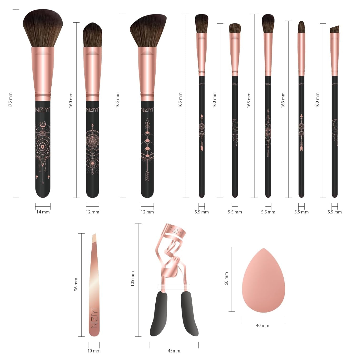 Makeup Brush Set 11Pcs with Eyelash Curler & Eyebrow Tweezers, Makeup Brushes with Eyeshadow, Foundation,Powder Puff, Highlighter, Concealer, Blusher, Powder Brush, Make up Kits for Adults