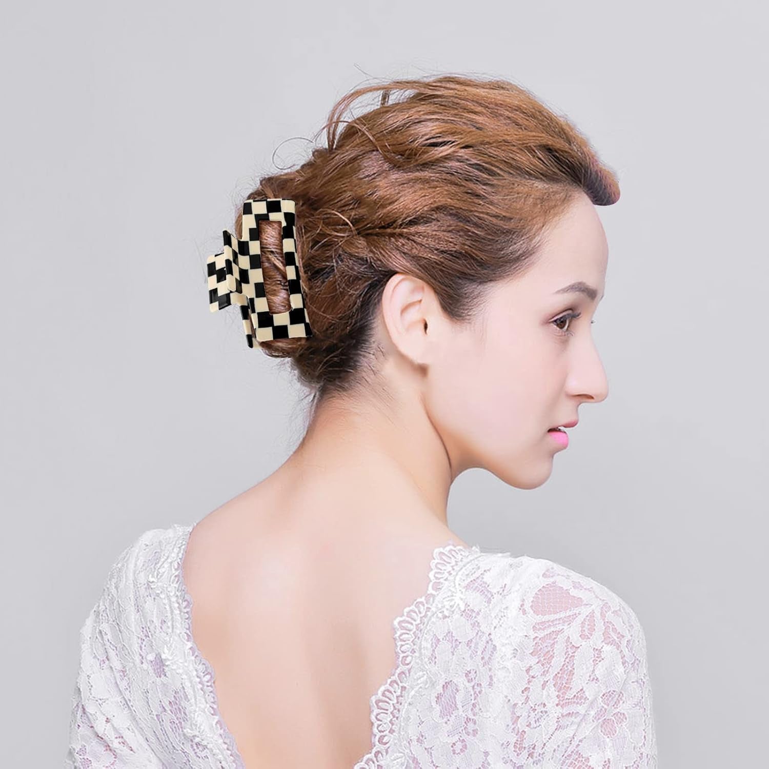 Checker Claws Tortoise Barrettes Claw Clips for Women'S Hair - Acetate Material, Classic Lattice Pattern, No-Slip Grip, Square Hair Claw Clips, Wide Occasion, Large Hair Accessories for Girls