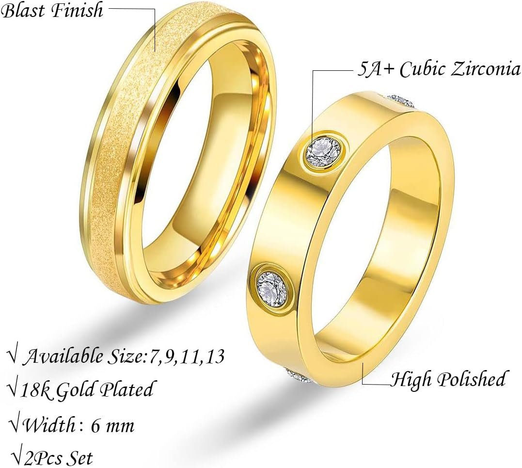 2Pcs Love Friendship Ring for Women - 18K Gold Plated Stainless Steel Promise Ring with 5A+ Cubic Zirconia Stones Jewelry Wedding Birthday Couples Valentine'S Day Gift