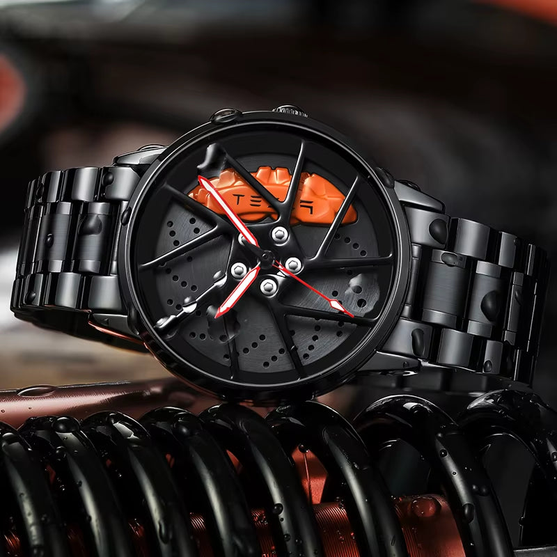 Top Brand Mens Watch Luxury Sports Car Watches 3D Rotating Hub Wheel Wristwatches Waterproof Creative Design Men'S Watch Reloj