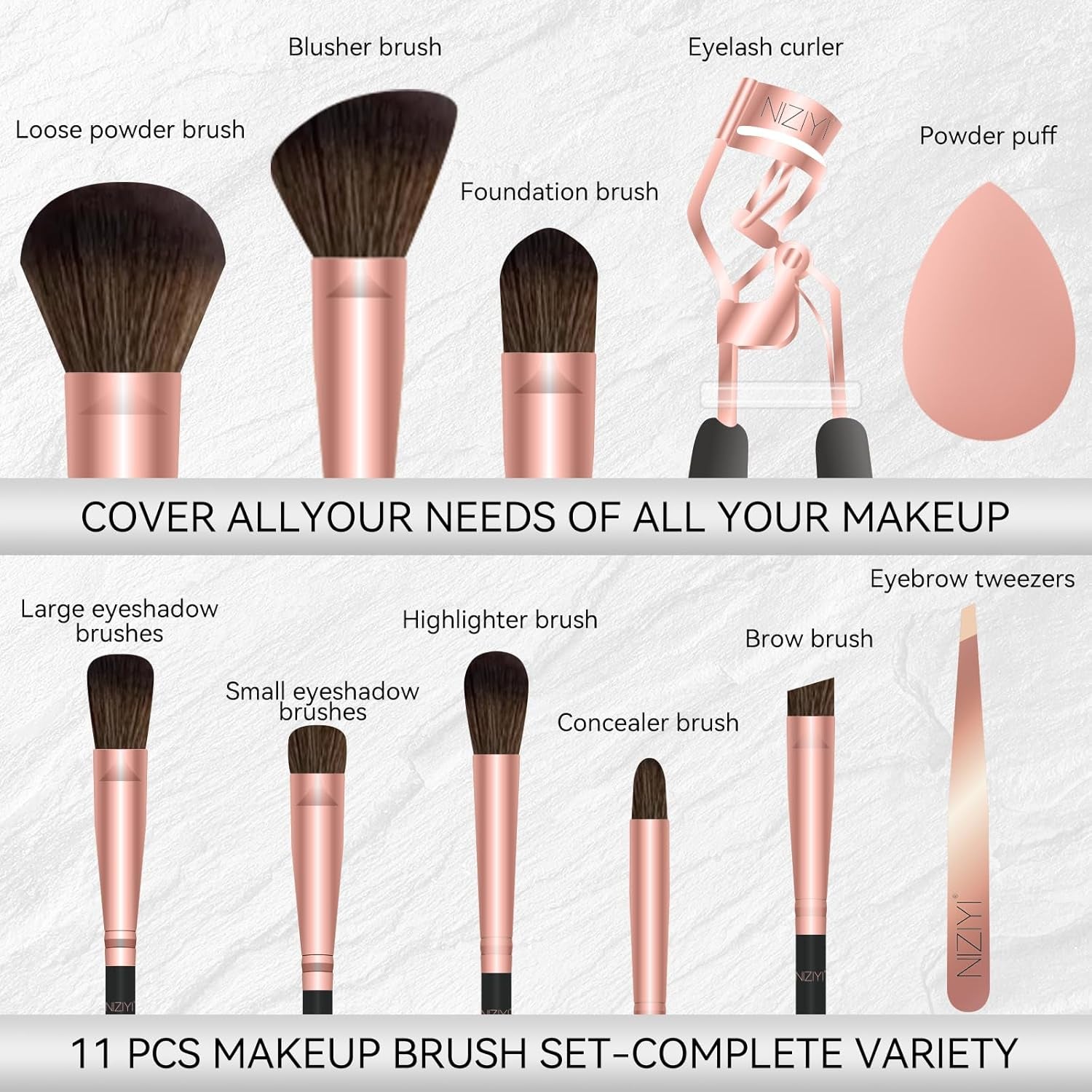 Makeup Brush Set 11Pcs with Eyelash Curler & Eyebrow Tweezers, Makeup Brushes with Eyeshadow, Foundation,Powder Puff, Highlighter, Concealer, Blusher, Powder Brush, Make up Kits for Adults
