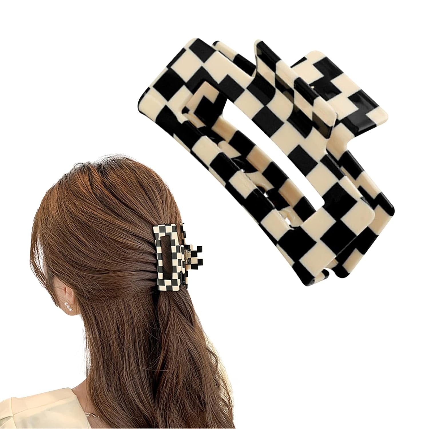 Checker Claws Tortoise Barrettes Claw Clips for Women'S Hair - Acetate Material, Classic Lattice Pattern, No-Slip Grip, Square Hair Claw Clips, Wide Occasion, Large Hair Accessories for Girls