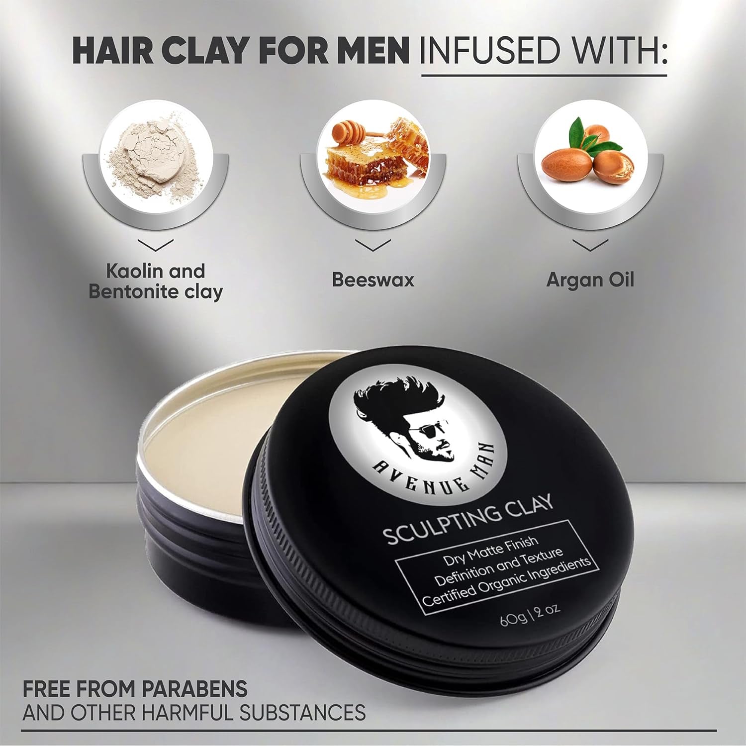 Hair Clay for Men - Matte Finish Sculpting Wax - Strong Hold, Maximum Definition and Textured Control - for All Hair Types - Infused with Beeswax, Kaolin Clay and Argan Oil - 3.0Oz/90G