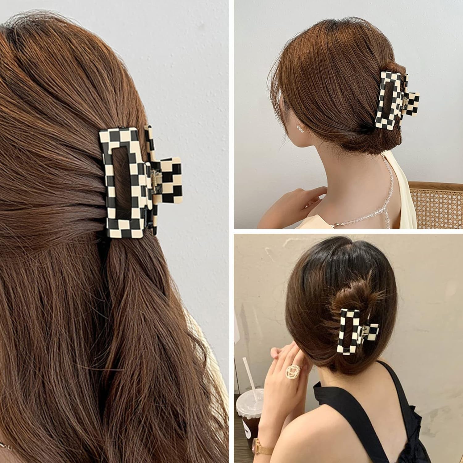 Checker Claws Tortoise Barrettes Claw Clips for Women'S Hair - Acetate Material, Classic Lattice Pattern, No-Slip Grip, Square Hair Claw Clips, Wide Occasion, Large Hair Accessories for Girls